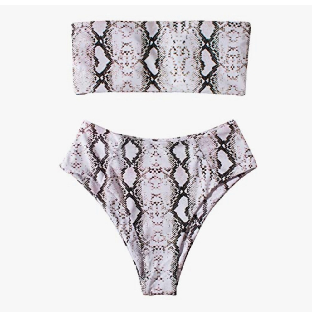 OMKAGI Women's 2 Piece Snakeskin Bandeau Strapless High Waist bathing suit